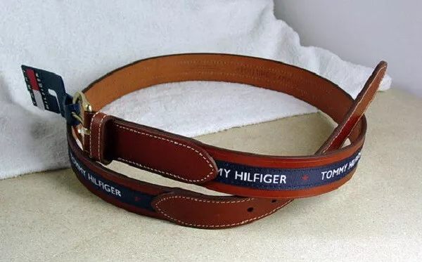TOMMY HILFIGER Brown LEATHER Size 38 BELT Braided Woven Logo Brass Buckle