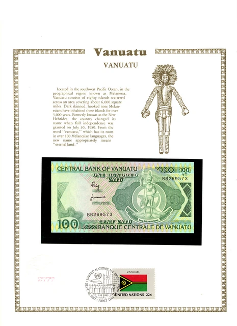 Vanuatu 100 Vatu 1982 P-1a UNC w/FDI UN FLAG STAMP BB269573