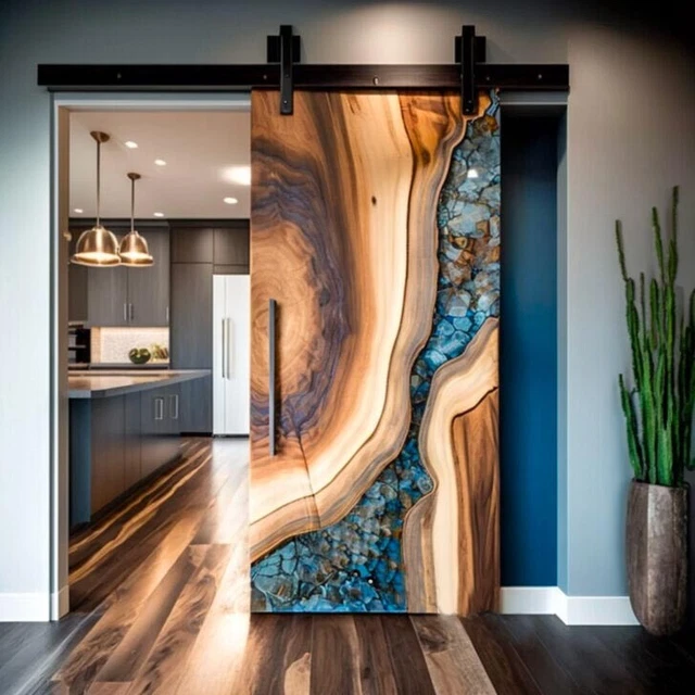 Inlay Doos CUSTOM EPOXY SLIDING Doors Live Edge Slab with Blue Slate epoxy Inlay ...