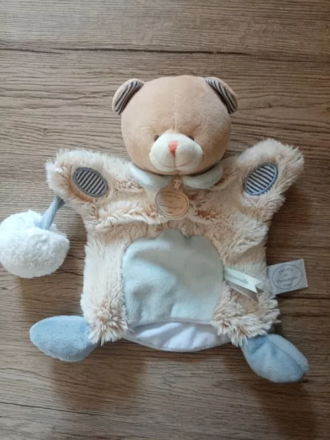 Doudou Et Compagnie Ours Marionnette Lovely Pistache Bleu Beige Fourrure