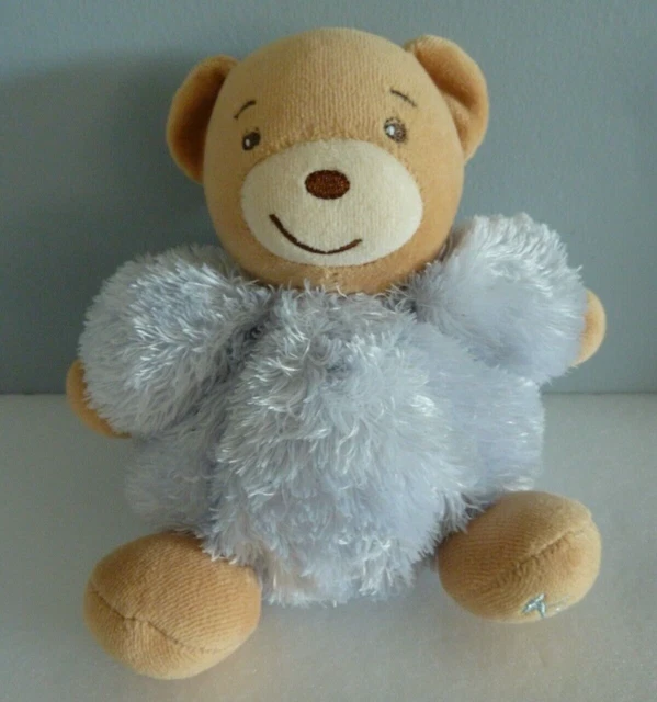 GC. DOUDOU PELUCHE BOULE KALOO OURS fourrure bleu tête beige 17cm allongé - TBE