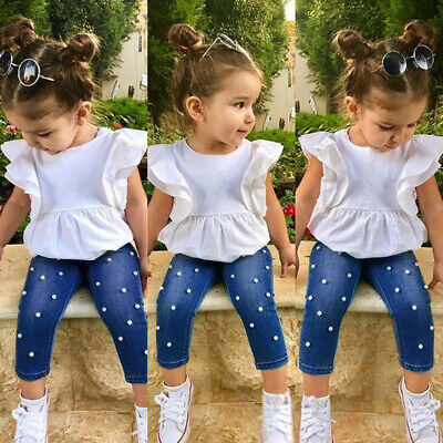 Toddler bambini Baby ragazze Abiti solido T-shirt Tops + Pants Jeans in denim pearl set