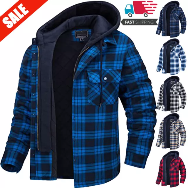 Mens Plaid Flannel Shirt Jacket Fully Quilted Lined 3 Pocket Warm Zip-Up Hoodie