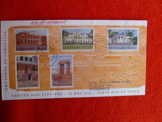 1961 Suriname Buildings Set Of 5 Stamps  Fdc 15 May