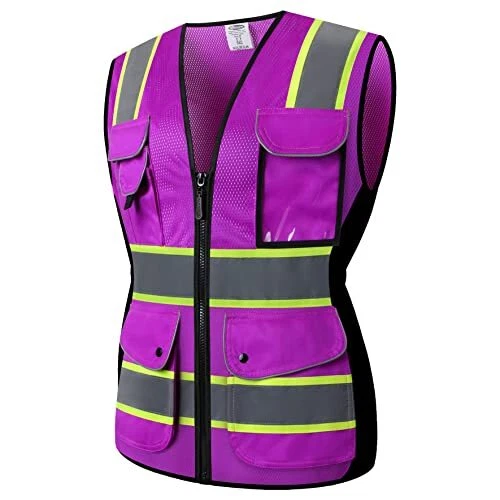 JKSafety 9 Pockets Women Hi-Vis Reflective Safety Vest | Mesh Neon Purple | R...