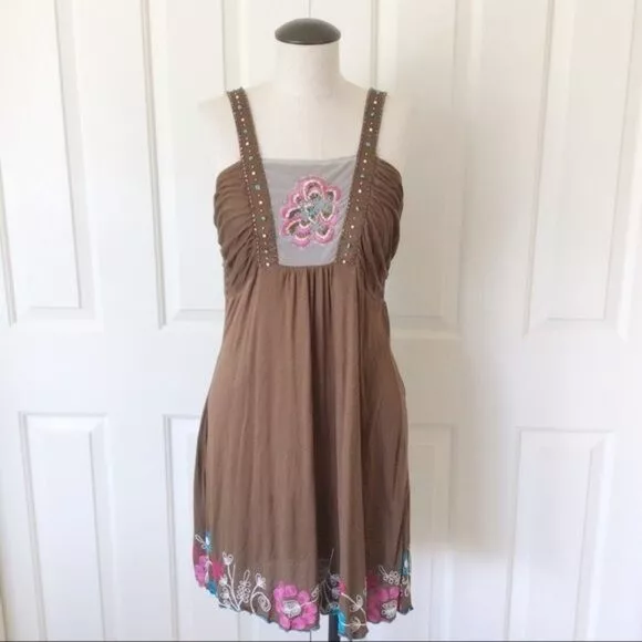 Krista Lee M Brown Embroidered Babydoll Dress
