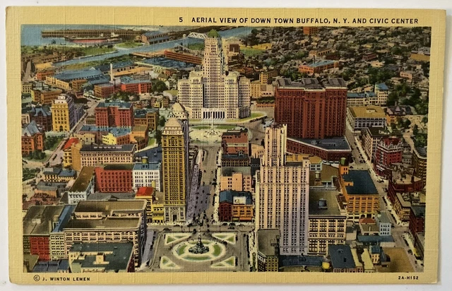 Vintage Linen Aerial View Of Downtown Buffalo NY Postcard