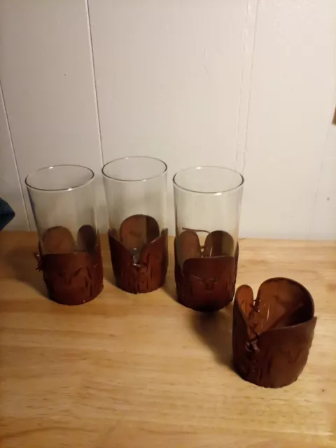 VTG *Set of 4 Drinking Glass Tooled Leather Holder w Longhorns 1 glass is broken