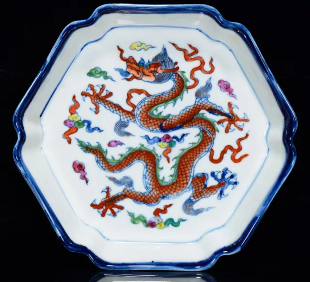 6.6" china old antique ming dynasty xuande mark porcelain dragon pattern plate