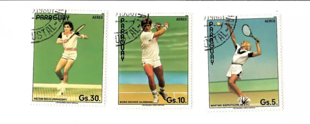 Briefmarken Paraguay 1986 Tennis, Becker, Navratilova, Pecci, 3 W, gestempelt