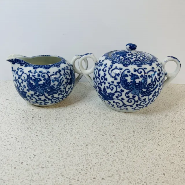 Blue And White Phoenix Pattern  Milk Jug / Creamer And Sugar Bowl Chinoiserie