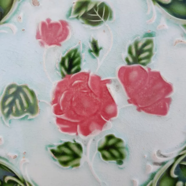 Original vintage art nouveau Victorian majolica floral rose tile gorgeous 2