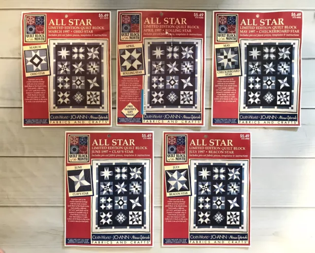 Kit vintage 1997 JoAnn Fabrics ALL STAR Edredón Bloque del Mes - Lote de 5