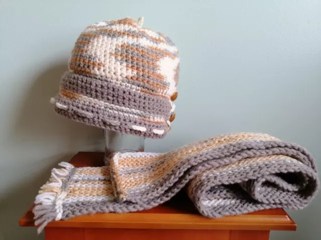 Handmade Crochet Knit Beanie Hat and Scarf 100% Wool+ Wool blend No lining s. L