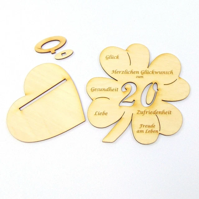 ZUM 20. GEBURTSTAG Geldgeschenk Porzellan Hochzeit Holz Kleeblatt