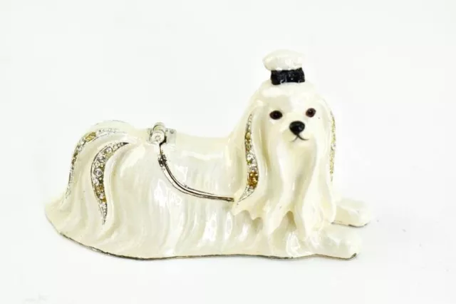 Kingspoint Design Jeweled White Maltese Dog Hinged Trinket Box w necklace. MIB