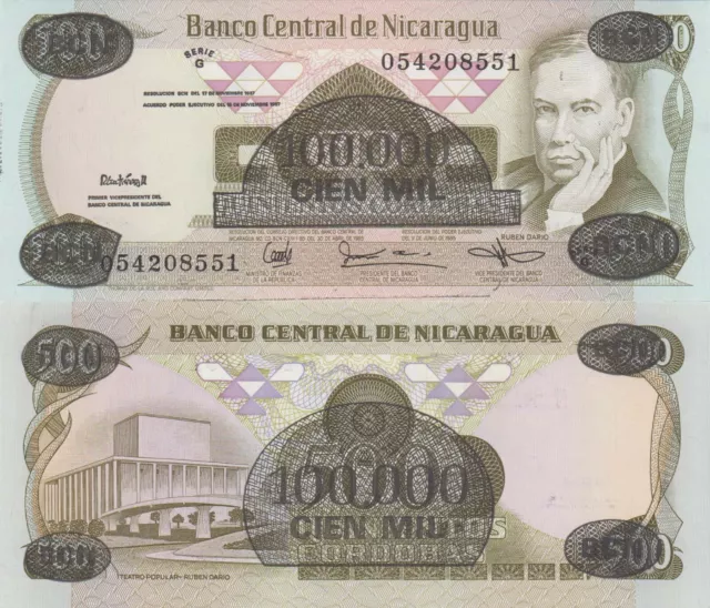 Nicaragua 100000 Córdobas on 500 Cordobas (1987) - Hyperinflation Note/p-149 UNC