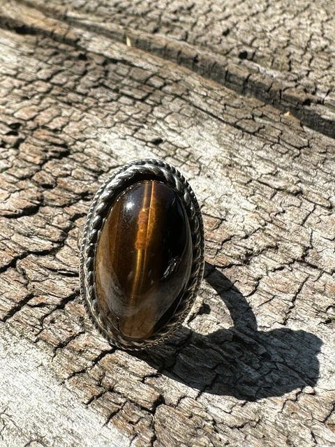 Bague Amérindienne Old Pawn En Argent Sterling 925, Sertie D'un œil De Tigre - Taille 50, Signée Jay