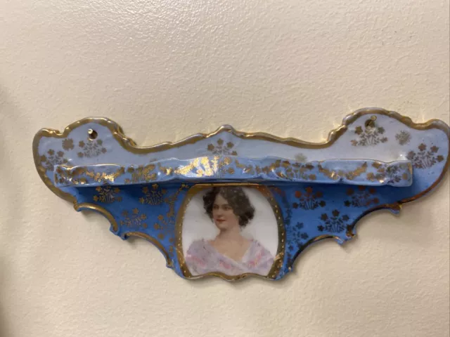 Vintage Hand Painted Victorian Woman Porcelain Toothbrush  Holder Hang In Wall.