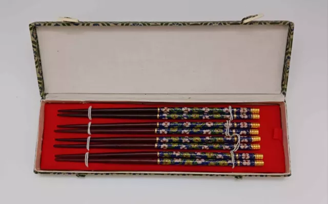 Vintage 4 Pair Set Cloisonné Enamel/Bone Chinese Chopsticks with Box - Very Nice