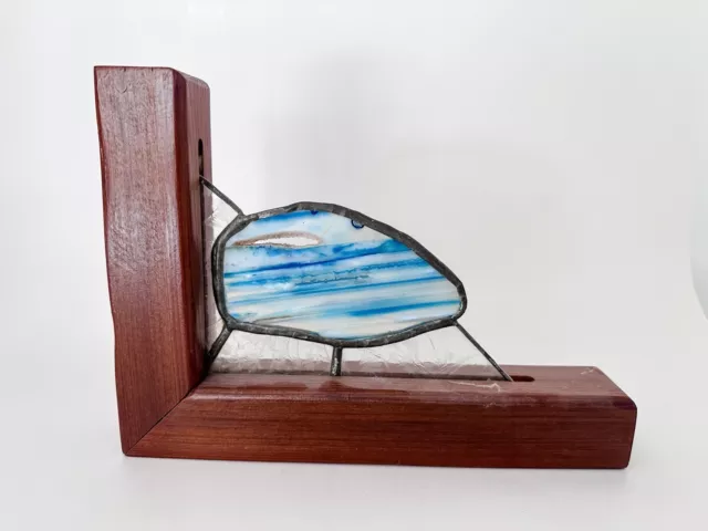 Stained Glass Agate Slice Blue Book End Wood Vintage 7x9" Home Decor