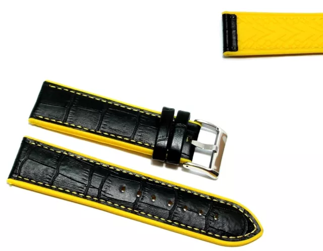 Cinturino orologio ibrido silicone pelle stampa nero giallo 22mm gomma 420