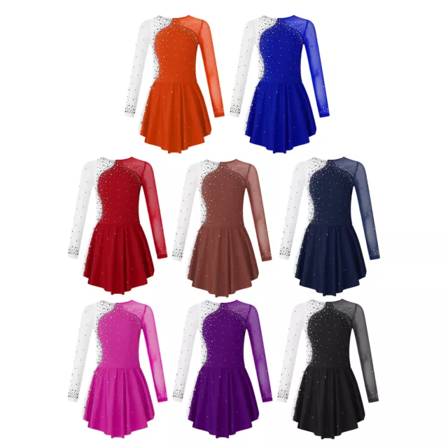 Girls Rhinestones Mesh Splice Figure Ice Skating Dress Dance Gymnastics Leotard 3