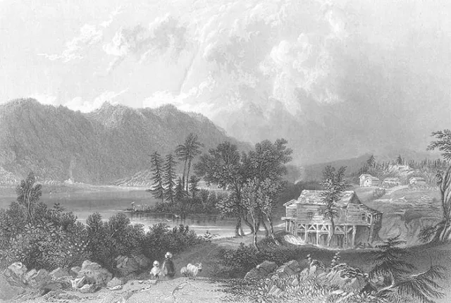 Lake Winnipesaukee, CENTER HARBOR TOWN SAW MILL HOMES ~ 1838 Art Print Engraving