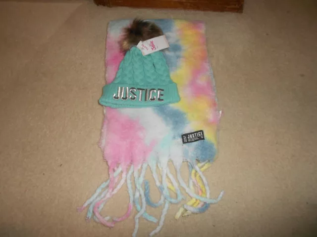 New, Justice For Girls Pastel Beanie Hat & Scarf Set