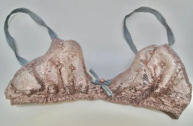 Only Hearts Beige Lace with Blue Trim Wireless Bra-size S