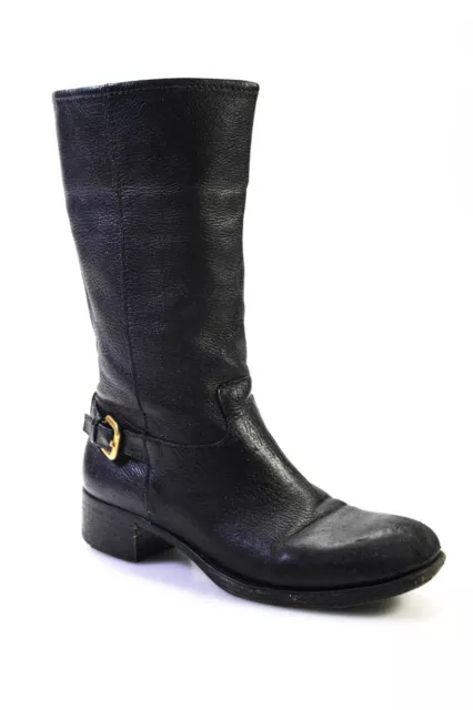 Prada Womens Leather Buckle Detail Round Toe Mid-Calf Boots Black Size 37 6.5