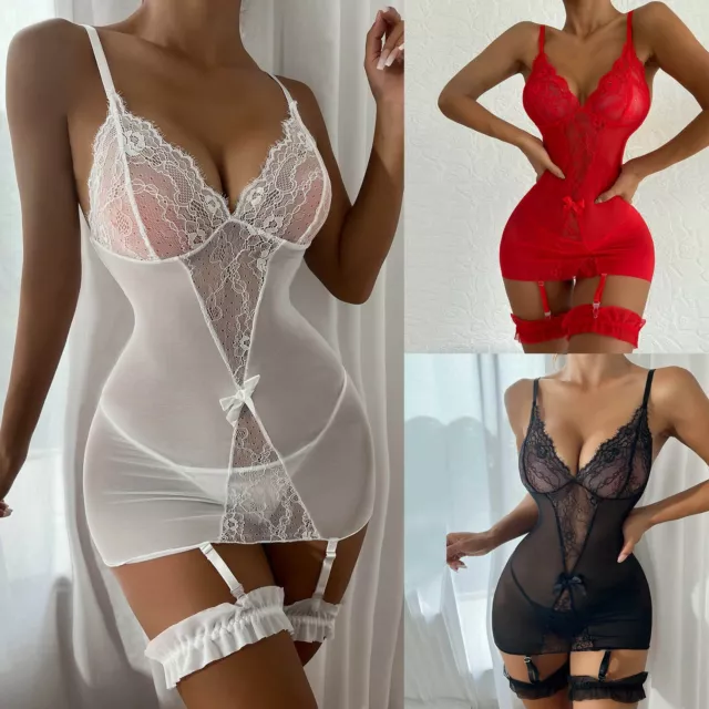 Sexy Women Lingerie Crotchless Lace Fishnet Bodysuit Bodystocking Babydoll Thong