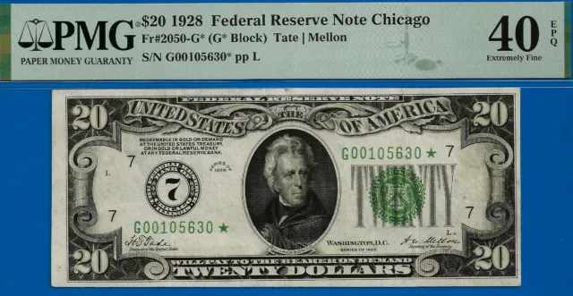 1928 $20 Federal Reserve Note Chicago star PMG 40EPQ redeemable in gold number 7