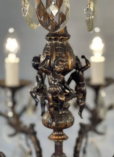 Antik Vintage 8 Arme Gussmessing & Kristalle Cherub Kronleuchter Beleuchtung Lampe