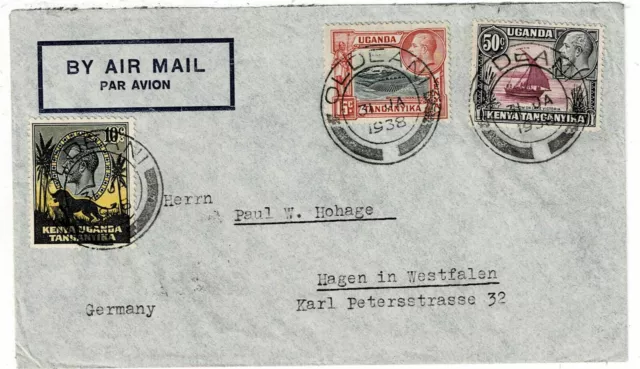 K.U.T. 1938 Oldeani cancel on airmail cover to Germany, shows 10c "Lion" K.U.T. 1938 Oldeani cancel on airmail cover to Germany, shows 10c "Lion"