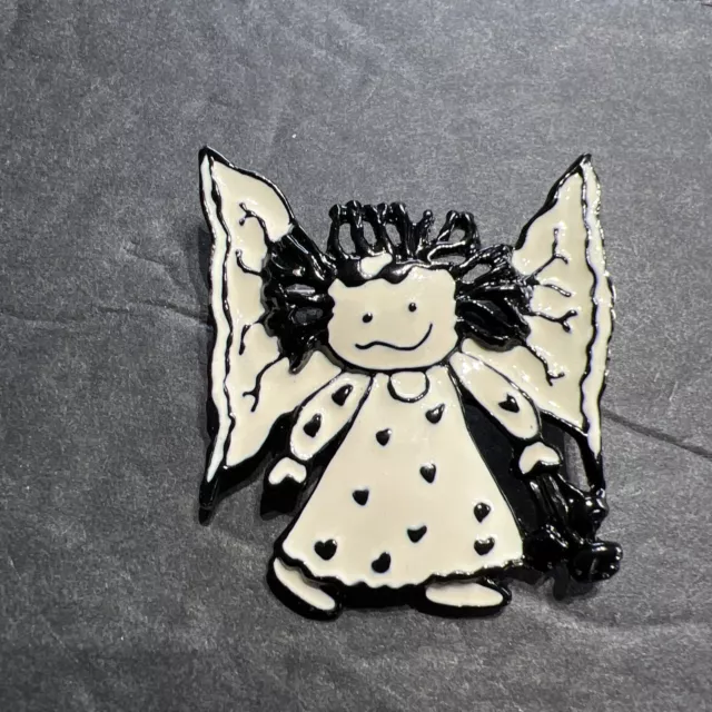 Vintage SFJ Angel Girl Brooch Pin, Children of Inner Light, Black White Enamel.