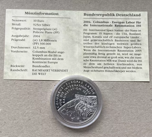 Sammlerstück 10 EURO Gedenkmünze 2004, Columbus Raumstation ISS