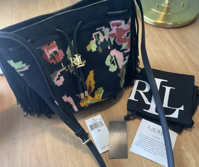 Ralph Lauren Black Needlepoint Floral Fringe Crossbody Bag NWT $475