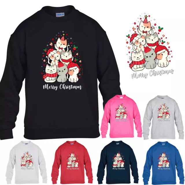 Christmas Tree Cat Boys Sweatshirt Xmas Santa Unisex Girls Kids Gift Jumper