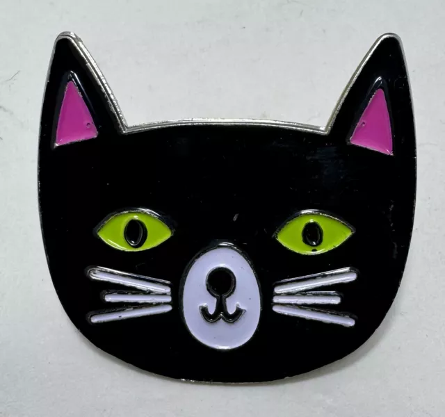 Cartoon Cat Face With Green Eyes Lapel Hat Jacket Pin Retro Kitty Pets Whiskers