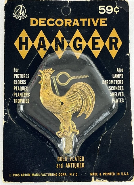 Vtg Decorative Rooster Picture Hanger Gold Plated Antiqued Metal 1960s Arjon NOS