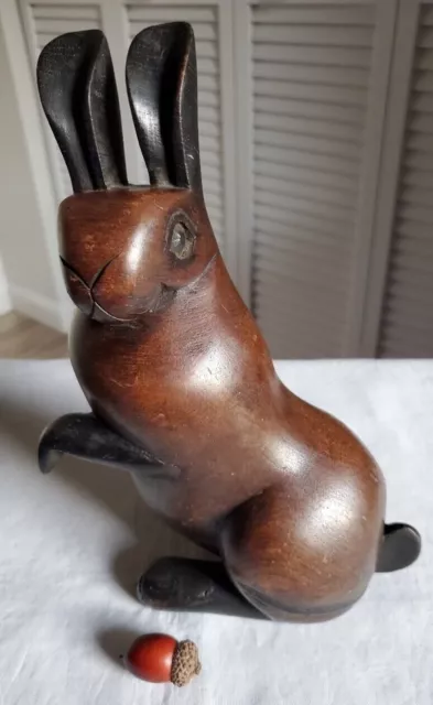 Antique Primitive Carved Mahogany Bunny Rabbit Hare Easter W/ Secret Compartment