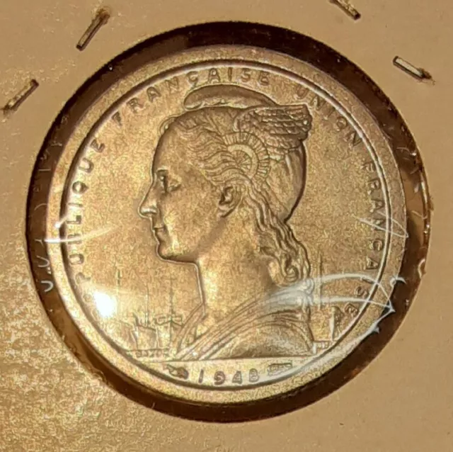 1948 St Pierre & Miquelon Aluminum 1 Franc Coin Winged Liberty  UNC 2