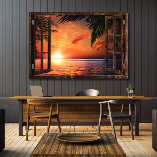 Leinwandbild Fensterblick Strand Meer Kunst Wand Bilder Wohnzimmer Bad Büro Deko