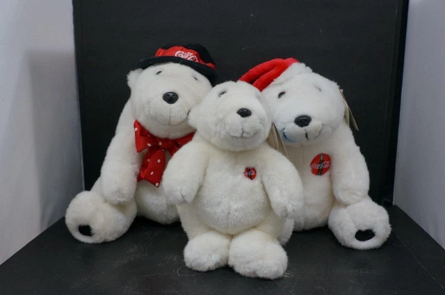 3 Vintage Coca-Cola Stuffed Polar Bears With Tags 12 Inches Tall
