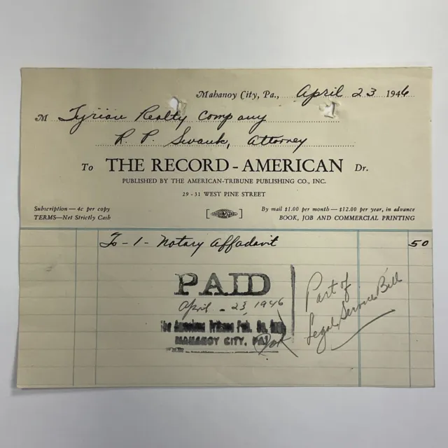 1946 Mahanoy City, Pennsylvania The Record-American Vtg Billhead Receipt Notary