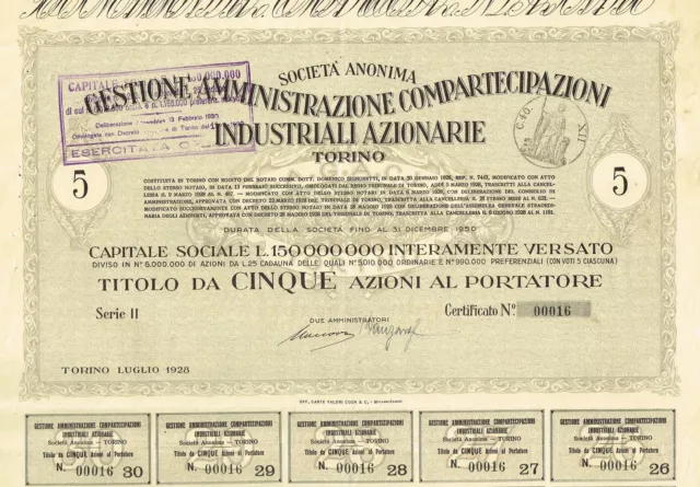 ITALY CITY OF TORINO INDUSTRY  stock certificate 1928 5 SH