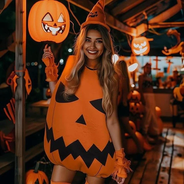 Costume Halloween Citrouille Avec Sac à Bonbons - Unisexe Adulte Et Enfant - Polyester, Couleur Orange Vif - Pour Fêtes Et Collecte De Bonbons - 11
