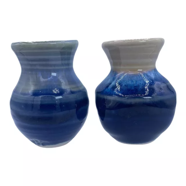 Vintage Pair Mini Handmade Wheel Thrown Studio Pottery Bud Vases Blue Taupe Glaz