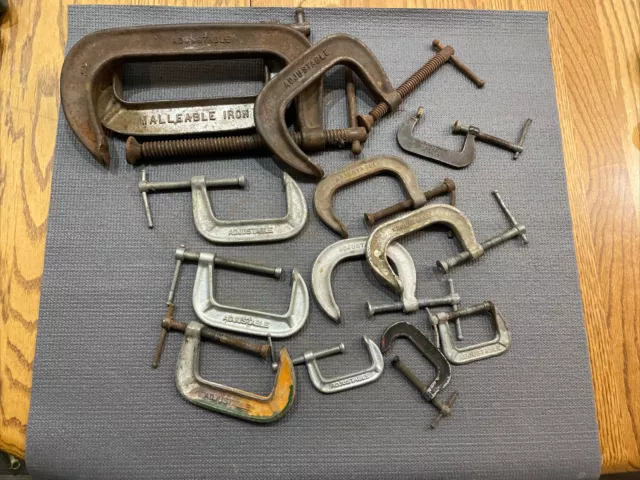 Vtg Lot Of Adjustable C-Clamps All Sizes Made In U.s.a  13-Piece Malleable Iron*